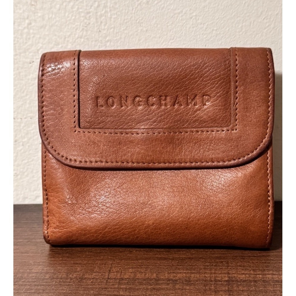 Vintage LONGCHAMP Brown Smooth Leather Compact French Wallet Bifold Coin Pouch